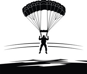 Parachutist in Sky Black & White Silhouette Vector Art