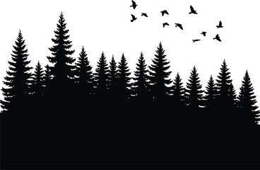 Pine Tree Forest with Birds Black & White Silhouette Vector Art