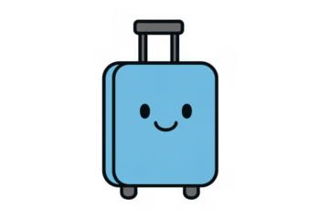 Blue cartoon luggage with a happy facial expression, symbolizing travel, vacation, and journey