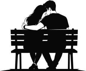 Romantic Couple Sitting on Bench Black & White Silhouette Vector Art