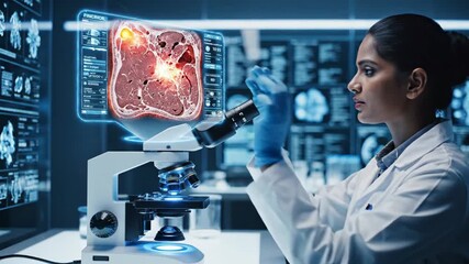 Scientist Analyzing Brain Scan with Futuristic Technology - A female scientist in a lab coat and gloves is examining a holographic display of a brain scan. - Powered by Adobe