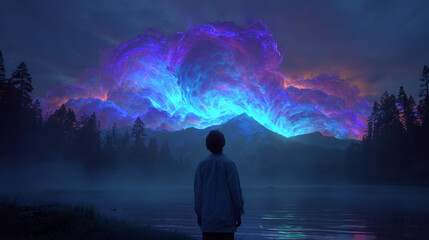 AI projecting a glowing dreamscape above a human head with vibrant colors and abstract elements representing imagination, creativity, futuristic technology, and surreal digital visualization