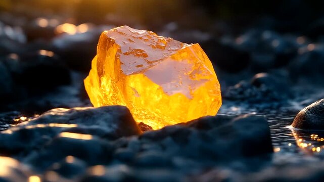 Glowing amber rock on wet stones in sunset light