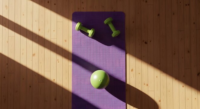 Overhead shot of a purple yoga mat with green dumbbells and a ball on a wooden floor.