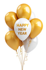 Happy New Year balloons in gold and white colors isolated on transparent background. Festive celebration decoration