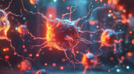 AI screen simulating intricate cell structures with glowing networks and digital patterns representing biotechnology, futuristic research, scientific visualization, and advanced digital modeling