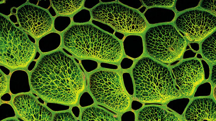 AI screen simulating intricate cell structures with glowing networks and digital patterns representing biotechnology, futuristic research, scientific visualization, and advanced digital modeling