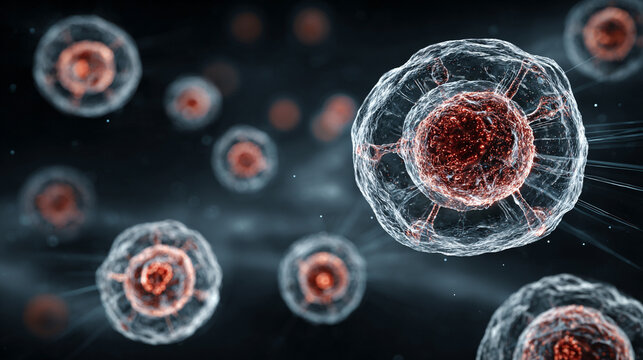 AI screen simulating intricate cell structures with glowing networks and digital patterns representing biotechnology, futuristic research, scientific visualization, and advanced digital modeling