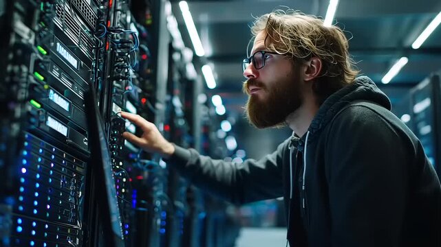 Technician managing data servers in a modern data center with illuminated equipment and cables - Powered by Adobe