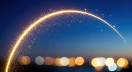 Golden arc light trail glowing curve over night sky bokeh background