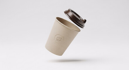 Floating Compostable Coffee Cup Mockup with Realistic Shadow on White Background