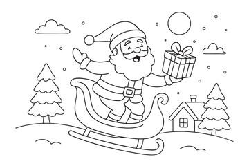 Cute Christmas coloring page of Santa flying in a sleigh while holding a gift box. Simple outline vector illustration with snowy background, pine trees, and a cozy winter house. Perfect for kids.