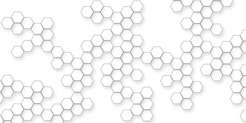 Abstract geometric hexagonal shapes showing background, white banner with tech hexagon pattern design, modern background with hexagons, modern simple style hexagonal graphic concept.
