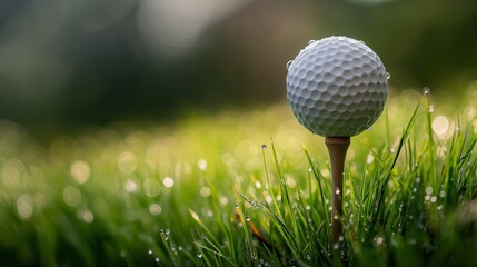 White golf ball on wooden tee surrounded by morning dew and green grass symbolizes sport precision and leisure. Concept for golf clubs, tournaments, and outdoor recreation branding