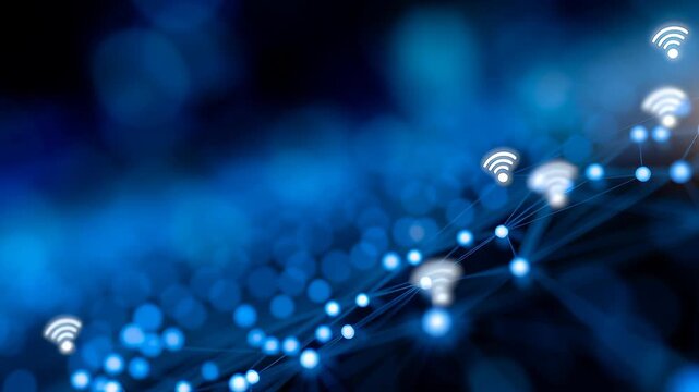 Abstract technology background with wireless signal icons and blue bokeh lights