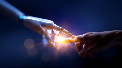 Futuristic connection between human and robot hands symbolizing technology and innovation