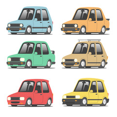 Obraz premium Colorful cartoon mini cars collection in flat vector style. Cute small vehicle illustration for kids design, poster, infographic, or automotive concept.
