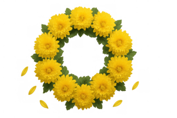 Yellow chrysanthemum floral wreath with green leaves and falling petals, creating a border for celebration and nature on transparent background