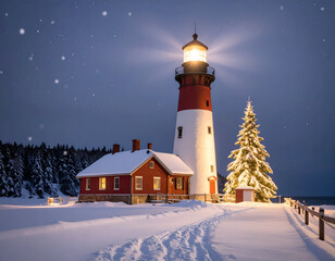 A majestic lighthouse shines its guiding light on a snowy Christmas night, illuminating the path for lost souls to find their way home