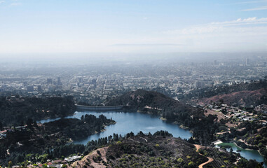 Hollywood Reservoir as seen from the Wonder View Trailhead leading up to Wisdom Tree on Cahuenga Peak during a summer season in Los Angeles, California, USA