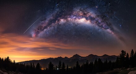Bright blue celestial halo ring shining night sky above forest trees