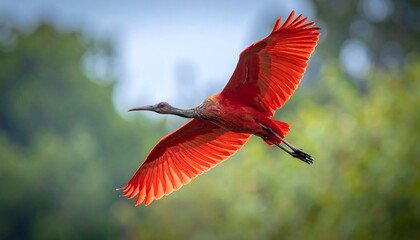 Scarlet Ibis in Flight with Vibrant Red Plumage.