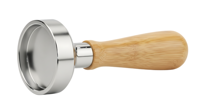 Silver coffee tamper with bamboo handle isolated on a transparent background