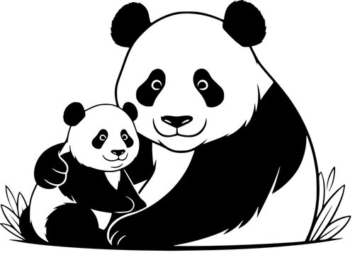 Cute Panda with Baby and Bamboo Vector Illustration in Black and White