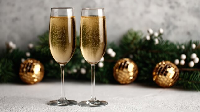 Two champagne flutes with sparkling wine, gold disco balls, and fir branches, symbolizing holiday celebrations