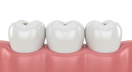 Three white teeth in pink gums isolated on a transparent background