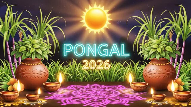 Happy Pongal 2026 Animation 4k Festival Celebration with Traditional Symbols and Vibrant Decorations