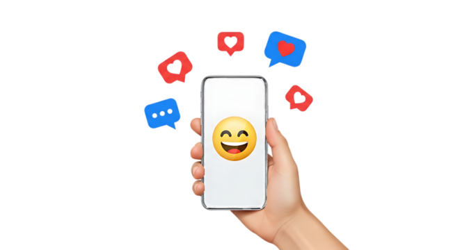 Hand holding phone with happy emoji and social media icons isolated on a transparent background
