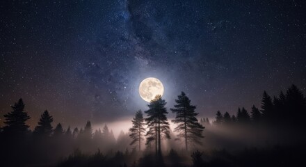 Bright full moon glowing over forest night sky stars misty silhouette