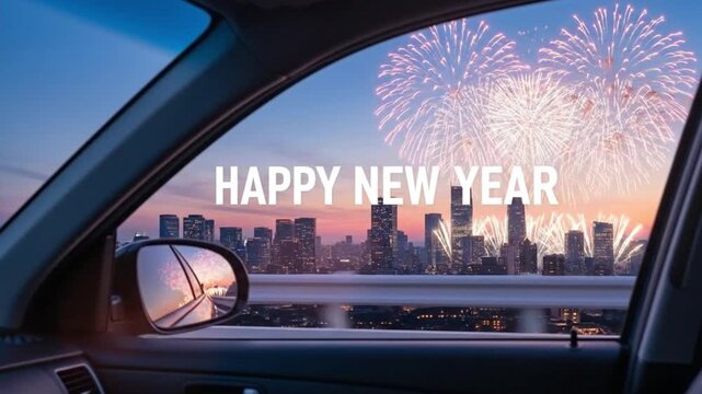 View from a Car Window of New Year Fireworks Over a City Skyline.