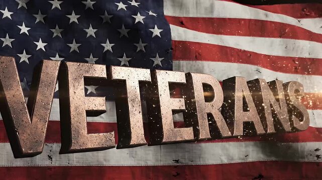 The word Veterans in bold 3D letters in front of the American flag