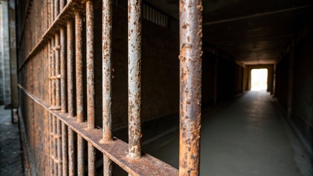 Rusty prison bars leading to light: a symbol of hope and confinement