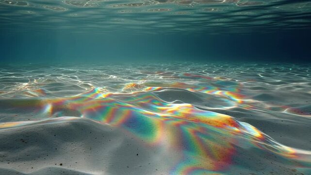 Underwater view of sunlight creating rainbow patterns on sandy ocean floor