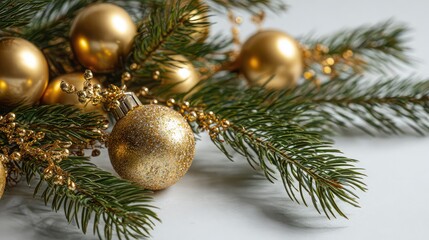 Fototapeta premium Golden Christmas ornaments hang from the cedar branches, leaving space for text.