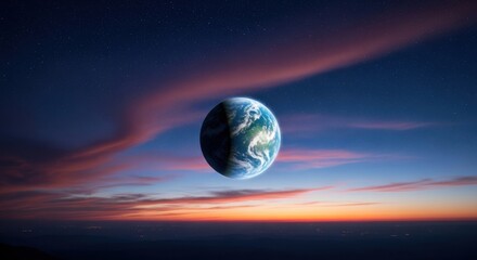 Planet Earth floating above colorful sunset clouds surreal sky concept