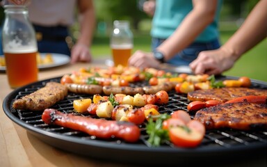 Grilled food on a table at a summer barbecue with friends. High quality