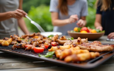 Grilled food on a table at a summer barbecue with friends. High quality
