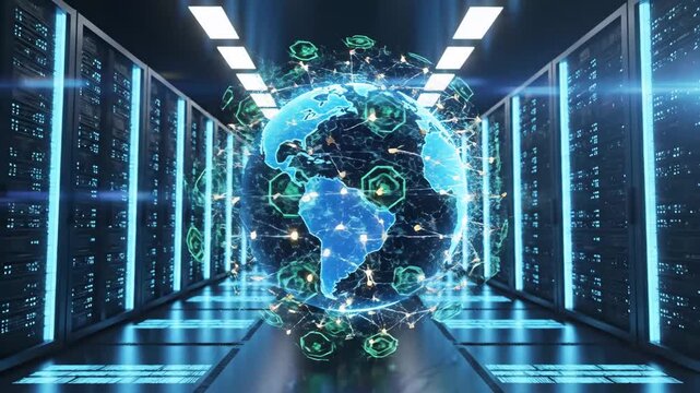 Futuristic Global Network in a Data Center - A digital representation of Earth is superimposed over a data center corridor, symbolizing global connectivity and technological advancement.