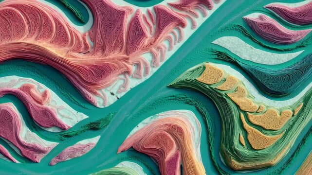Abstract aerial view of colorful river delta with swirling patterns