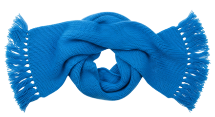 Bright blue knitted scarf with fringe isolated on a transparent background