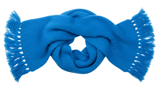 Bright blue knitted scarf with fringe isolated on a transparent background