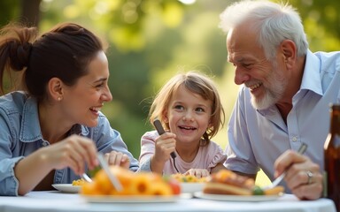 Laughter fills the air as a family enjoys a meal outdoors, featuring a joyful interaction between a child, adult, and smiling grandfather, celebrating togetherness. High quality