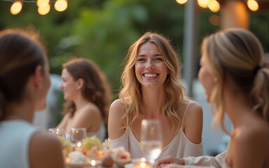 A smiling, happy, beautiful woman at an outdoor dinner party with family and friends is sitting at a table and having a pleasant conversation. High quality