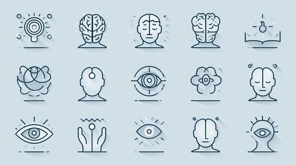 This image depicts a diverse set of icons symbolizing various elements of the human mind including thought processes perception understanding creativity and more