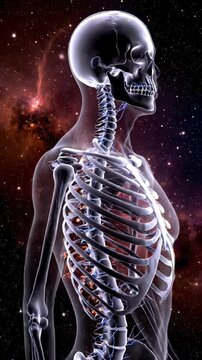 Full Body Skeleton Animation with Galaxy Background for Medical Visualization of the Human Anatomy Study Aid or Medical Presentation Resource Showcasing Anatomical Structure