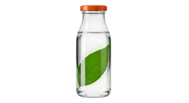 Clear glass bottle with orange cap and green leaf isolated on a transparent background